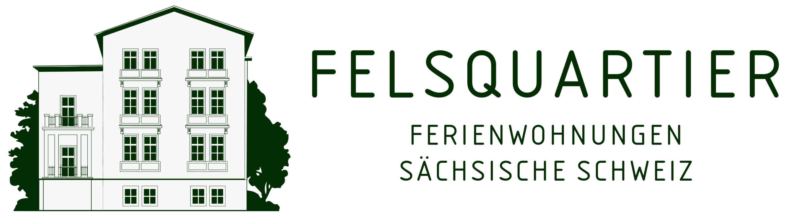 Das Logo der Felsquartier Ferienapartments zeigt ein Piktogramm des Hauses mit Wald im Hintergrund